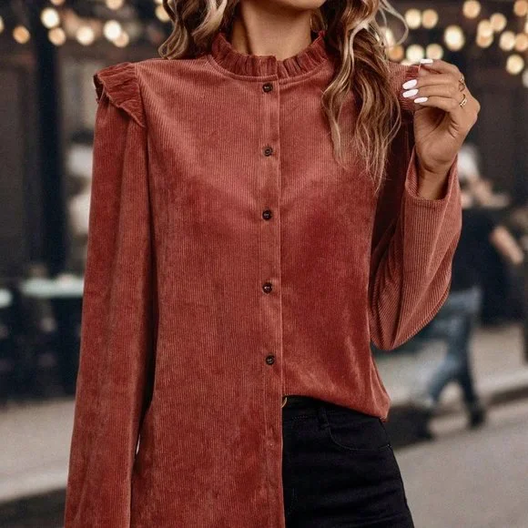 Red Preppy Womens Frill Neck Ruffle Trim Button Front Blouse - Picture 4 of 5